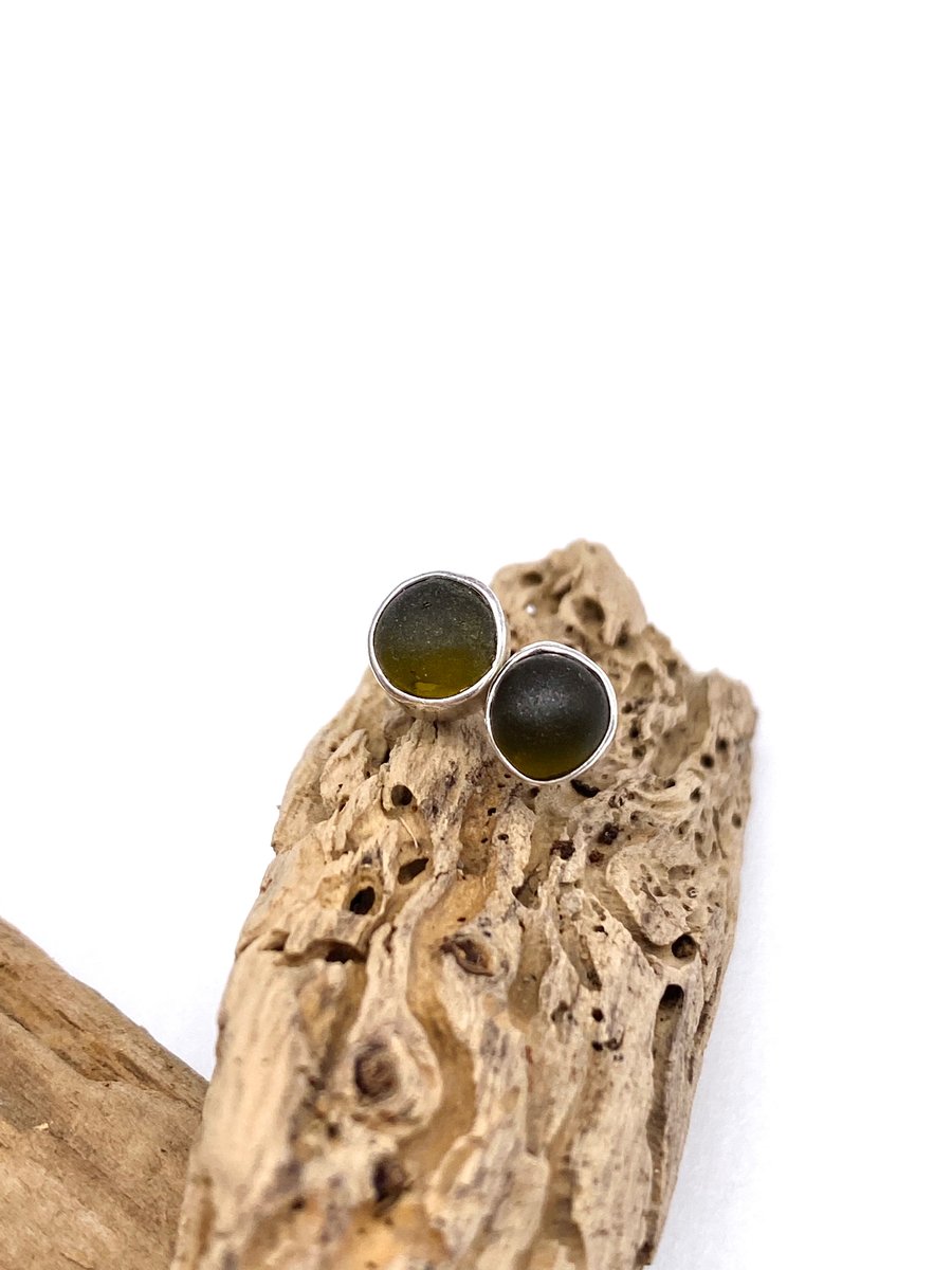Olive Green Sea Glass Stud Earrings