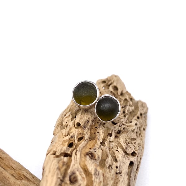 Olive Green Sea Glass Stud Earrings