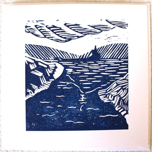 Original linocut Estuary Scene card