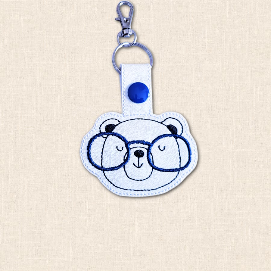 Kawaii Bear Keyring - Embroidered Animal Bag Charm with Glasses