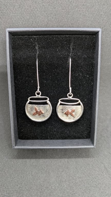 Handcrafted sterling silver goldfish bowl earrings with copper fish
