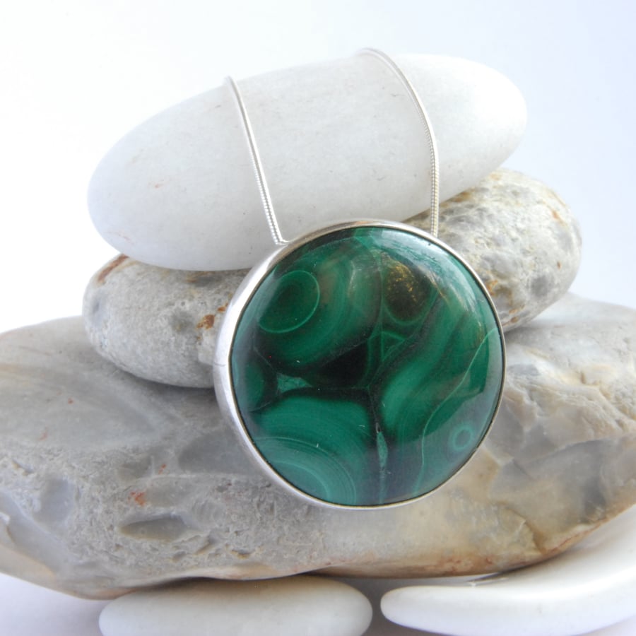 Sterling silver and green malachite circular pendant