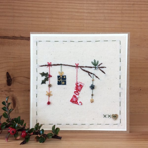 Made to order Christmas twig hand embroidered card