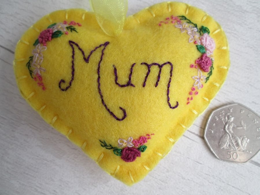 SOLD - 'Mum' Hand Embroidered Yellow Felt Keepsake Heart with Flowers