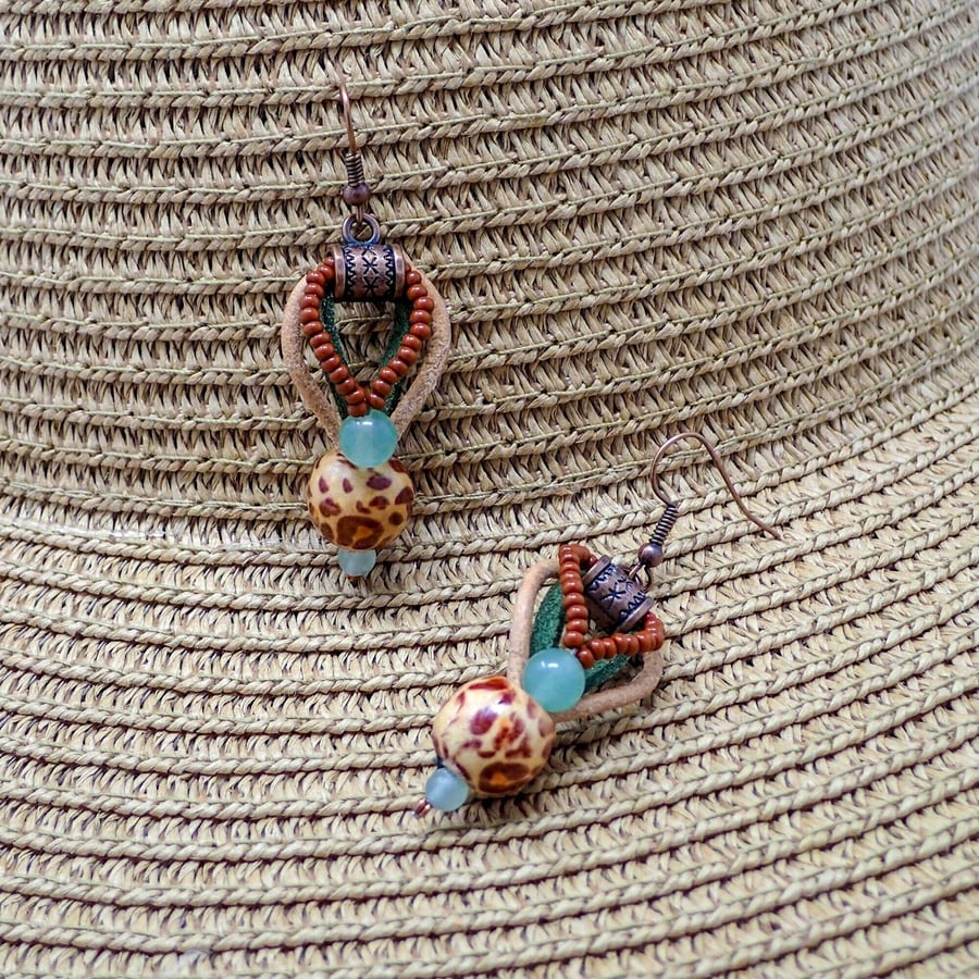 Brown and Green Beaded Dangle Earrings