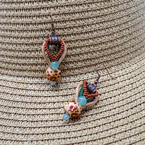Boho Brown and Green Beaded Beach Earrings with Leather, Wood and Gemstone 