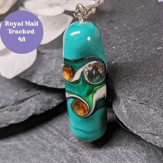 Green and Amber Swirl Lampwork Pendant