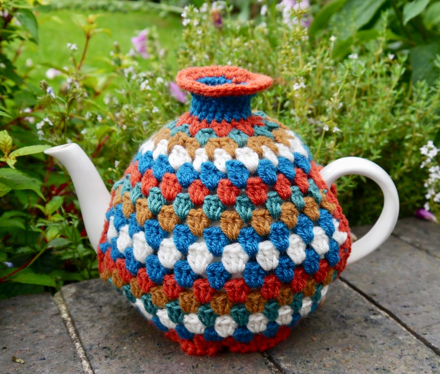 Retro Crochet Stripe Tea Cosy, Rust and Teal