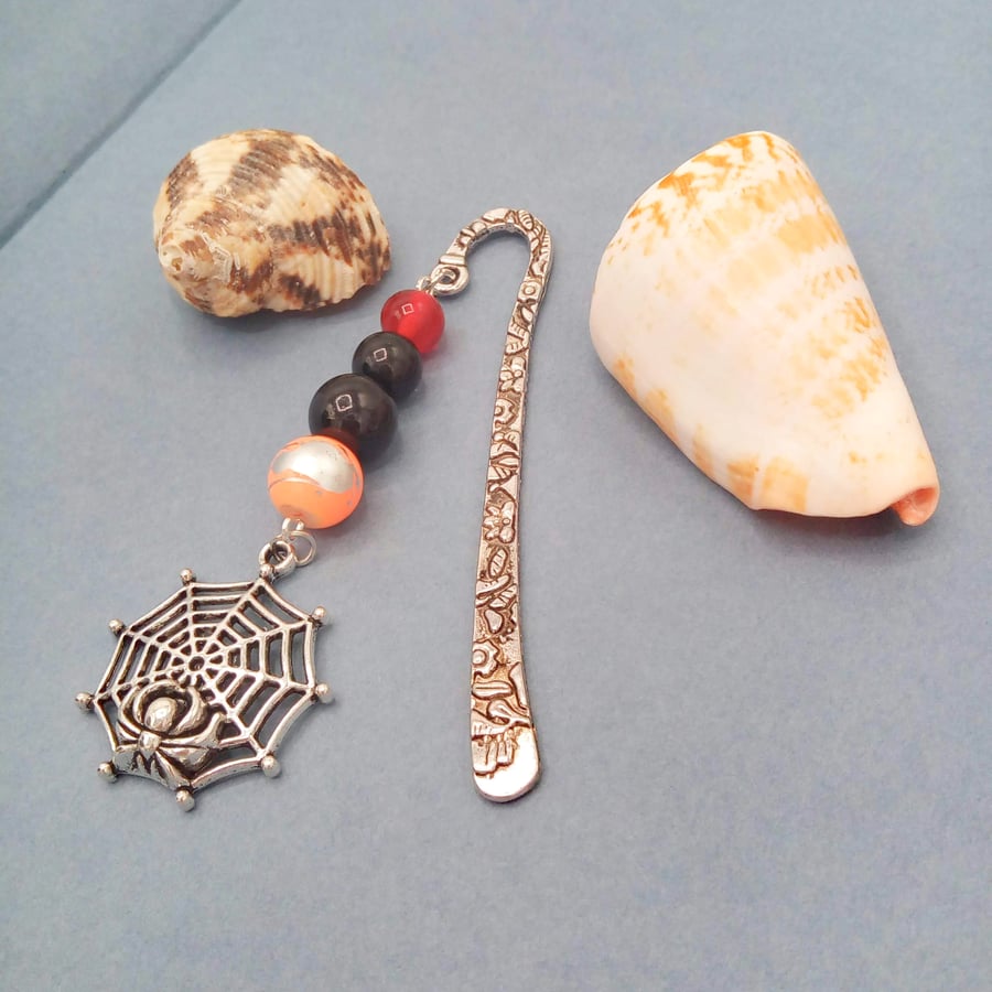 Orange Black and Red Beaded Bookmark With Silver Spider and Web Charm