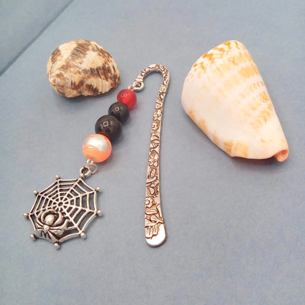 SALE - Orange Black and Red Beaded Bookmark With Silver Spider and Web Charm