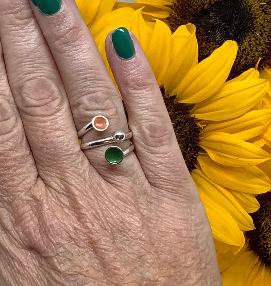 Sterling silver with orange and green enamel adjustable ring.