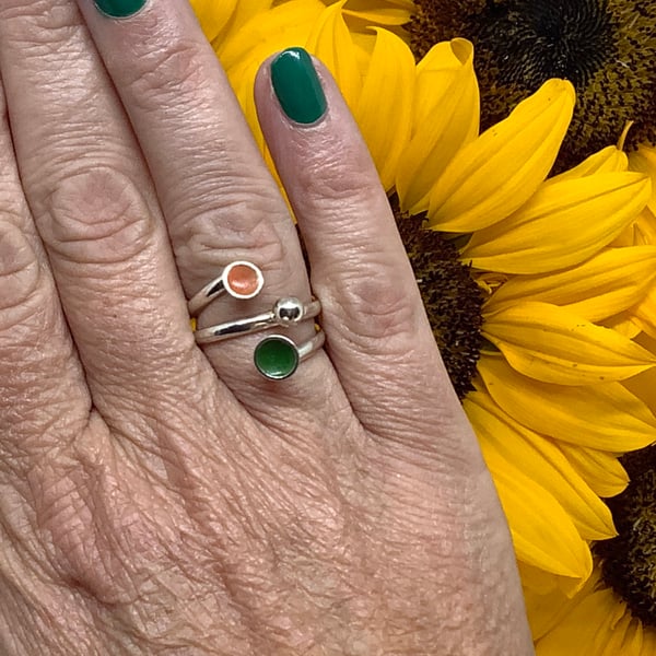 Sterling silver with orange and green enamel adjustable ring.