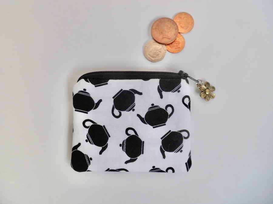 Coin purse teapot fabric perfectly imperfect black and white