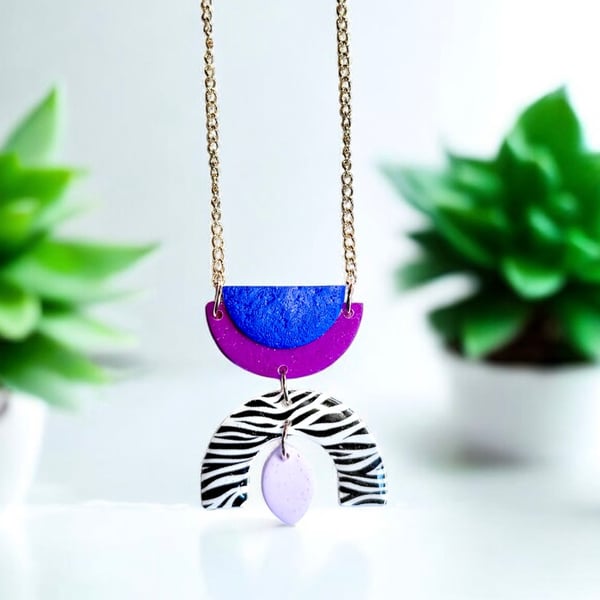 Bold Geometric Statement Necklace, Zebra Print Pendant, Purple Blue Polymer Clay