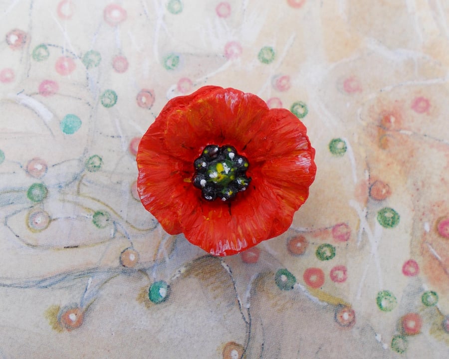 RED FIELD POPPY BROOCH Wedding Corsage Remembrance Lapel Flower Pin HAND PAINTED