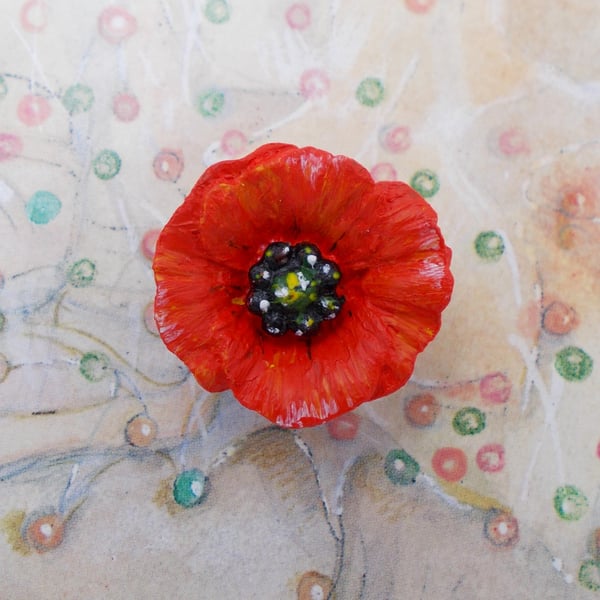 RED FIELD POPPY BROOCH Wedding Corsage Remembrance Lapel Flower Pin HAND PAINTED