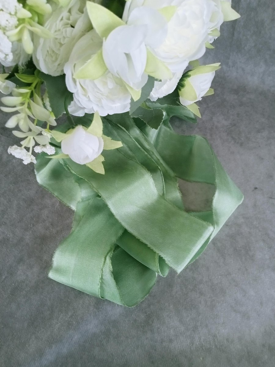 Hand Dyed Green Habotai Silk Ribbon: Bridal Bouquet Ribbon, Stationery, Cake