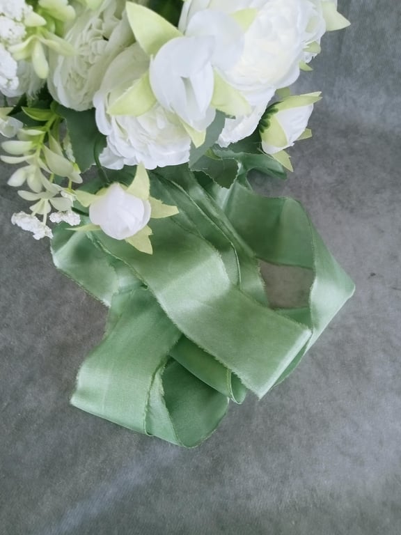 Hand Dyed Green Habotai Silk Ribbon: Bridal Bouquet Ribbon, Stationery, Cake