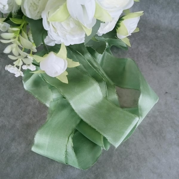Hand Dyed Green Habotai Silk Ribbon: Bridal Bouquet Ribbon, Stationery, Cake