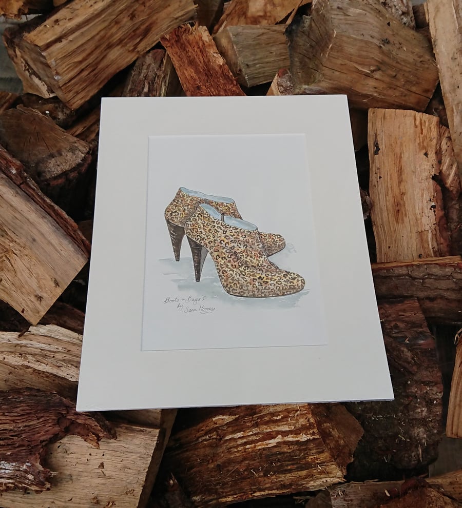 Ankle boots in animal print original watercolour painting