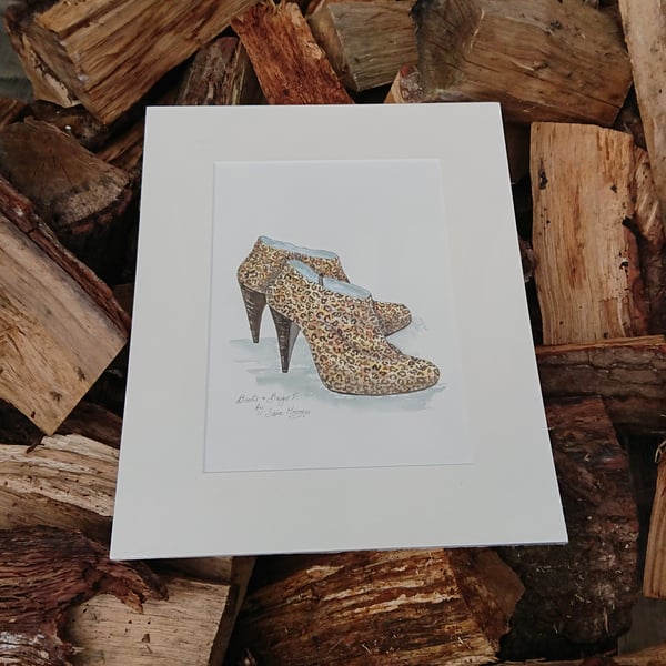 Ankle boots in animal print original watercolour painting