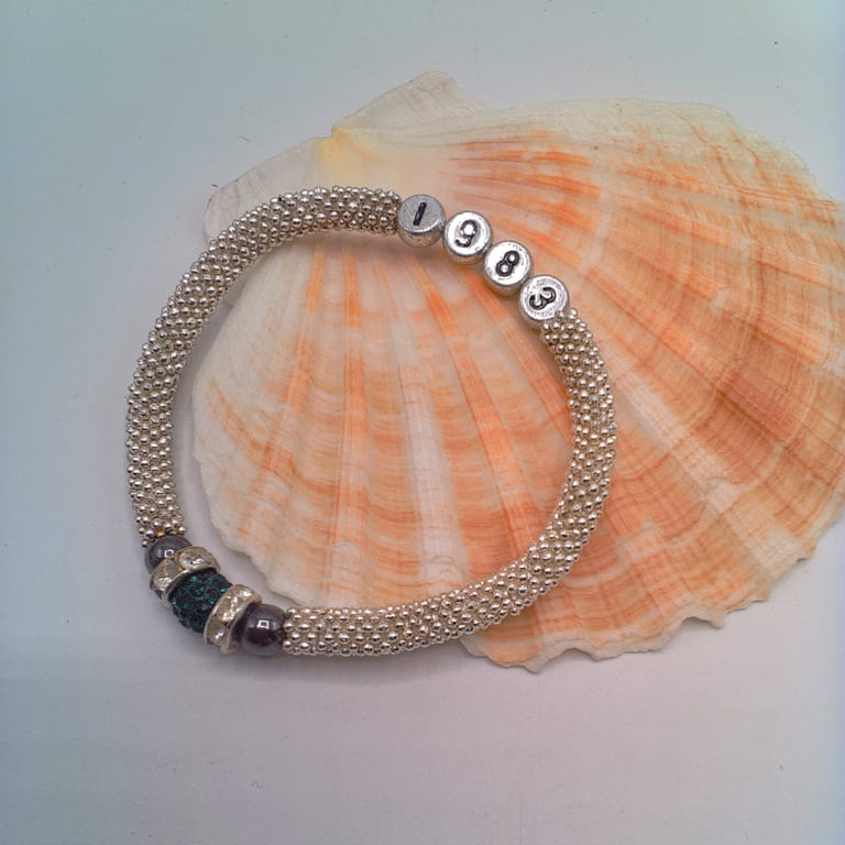 Personalised Pave and Haematite Bead Snowflake Birthstone & Birth Year Bracelet