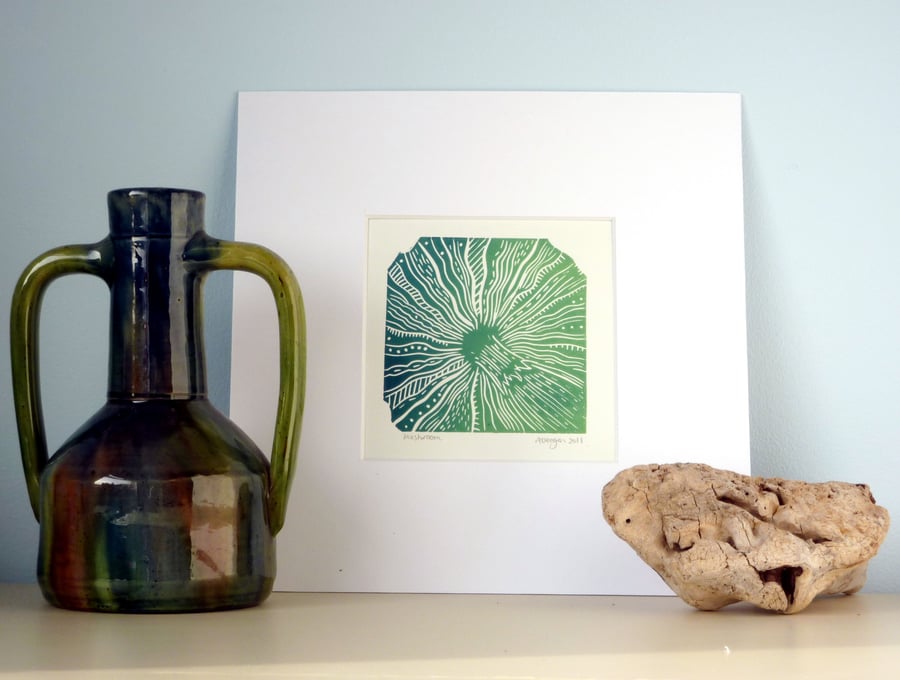 Original lino cut print Mushroom - green