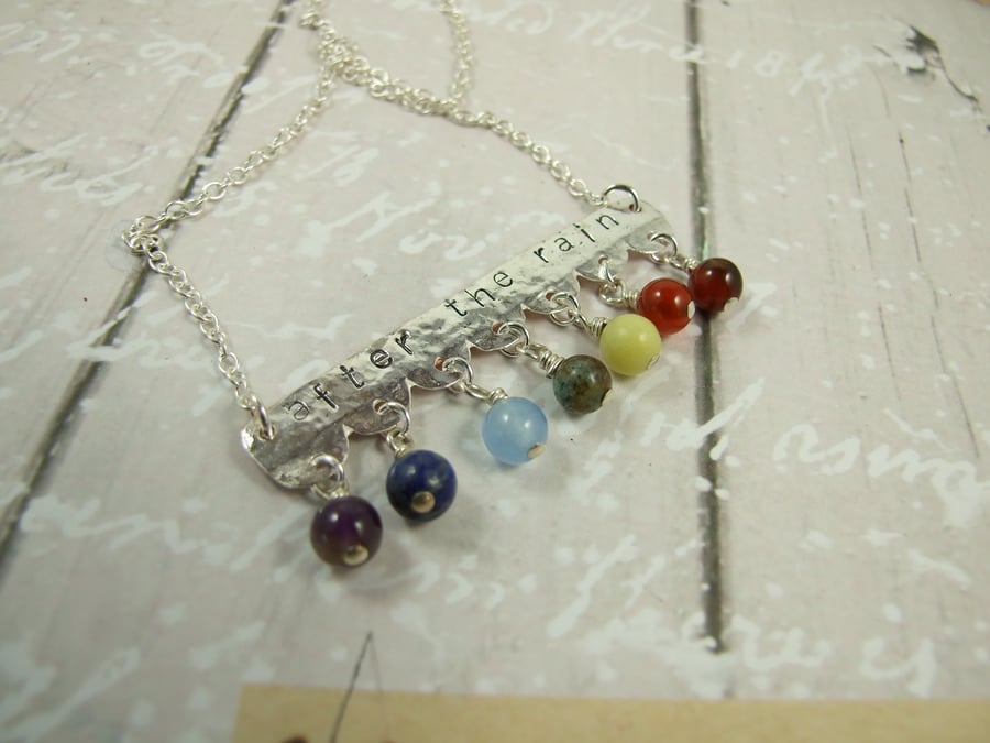 Necklace, Sterling Silver Rainbow Gemstone Bar Pendant. After The Rain