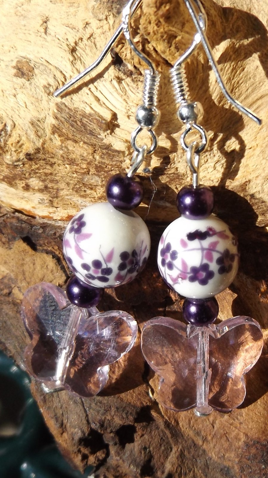 Ceramic white and purple earrings sterling silver and pink crystal butterfly 