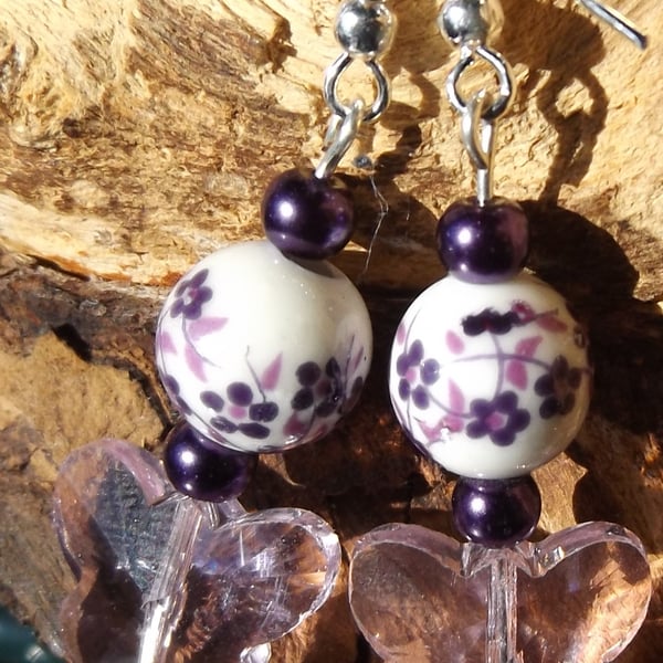 Ceramic white and purple earrings sterling silver and pink crystal butterfly 