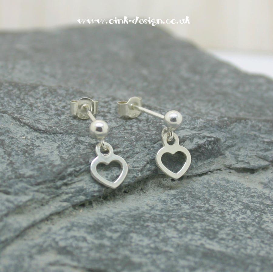  Sterling silver sphere stud earrings with a hanging heart