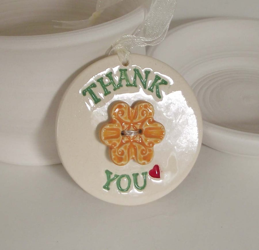 Ceramic Thank You decoration with flower button