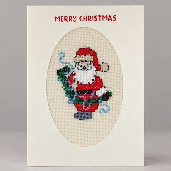 Handmade Cross Stitch Happy Santa Christmas Card – Beaded Festive Card