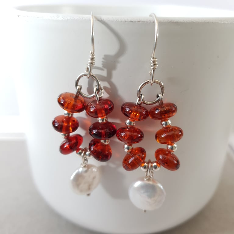 Sterling Silver Coin Pearl & Amber Drop Earrings Oval Drop earrings Gift For Her