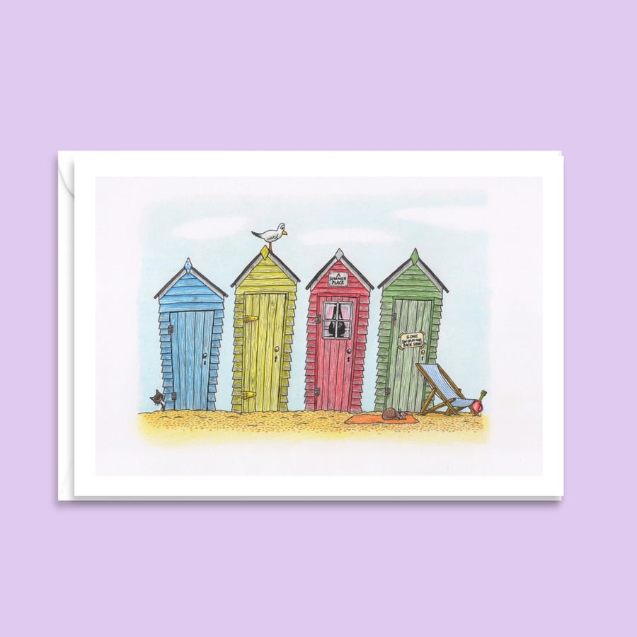 Beach Huts Greeting Card & Envelope - Hand Drawn Seaside Illustration (6"x4")