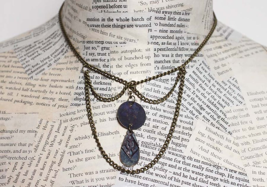 Steampunk Vintage Necklace and Earring Set in Blue and Gold