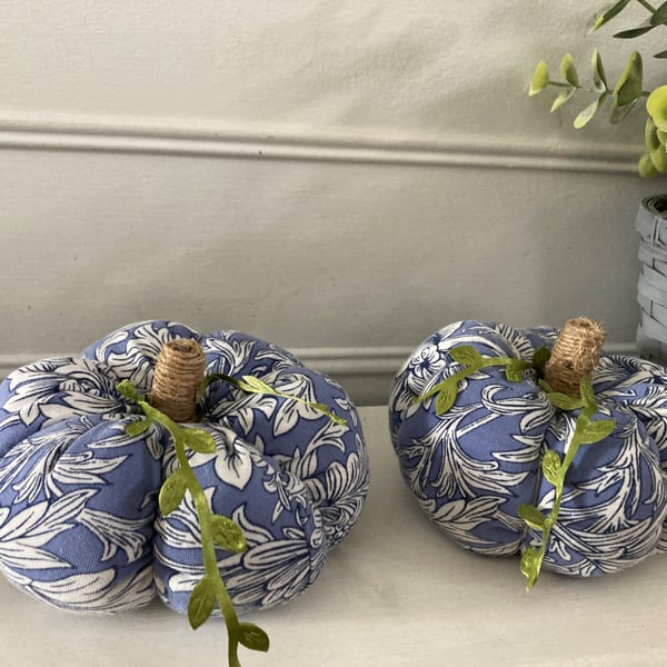 Blue and white William Morris fabric pumpkin pair 