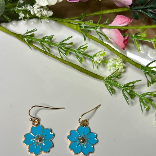 Blue Flower Earrings, Floral Charms, Handmade Jewellery 