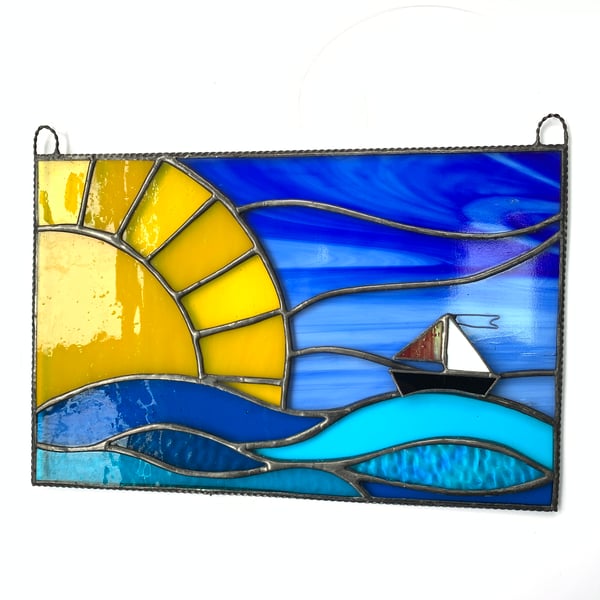 Stained Glass Seascape Panel - Handmade Hanging Window Decoration 