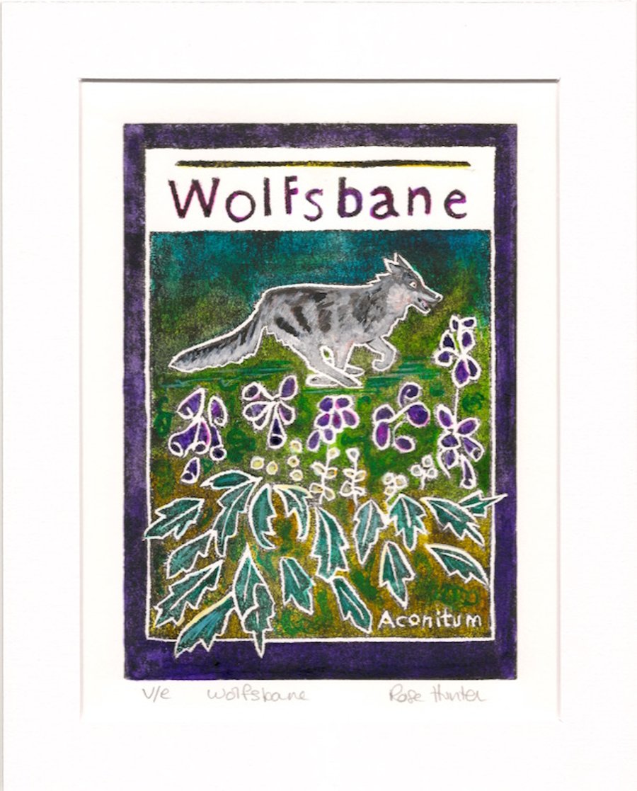 Wolfsbane - original hand painted lino print 002