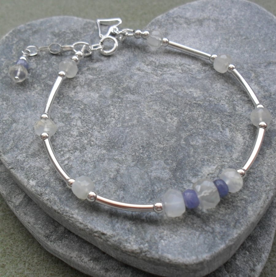 Moonstone and Tanzanite Sterling Silver Stacker Style Bracelet