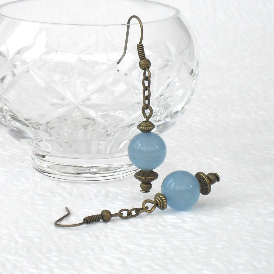 Vintage style earrings, handmade with blue jade and bronze