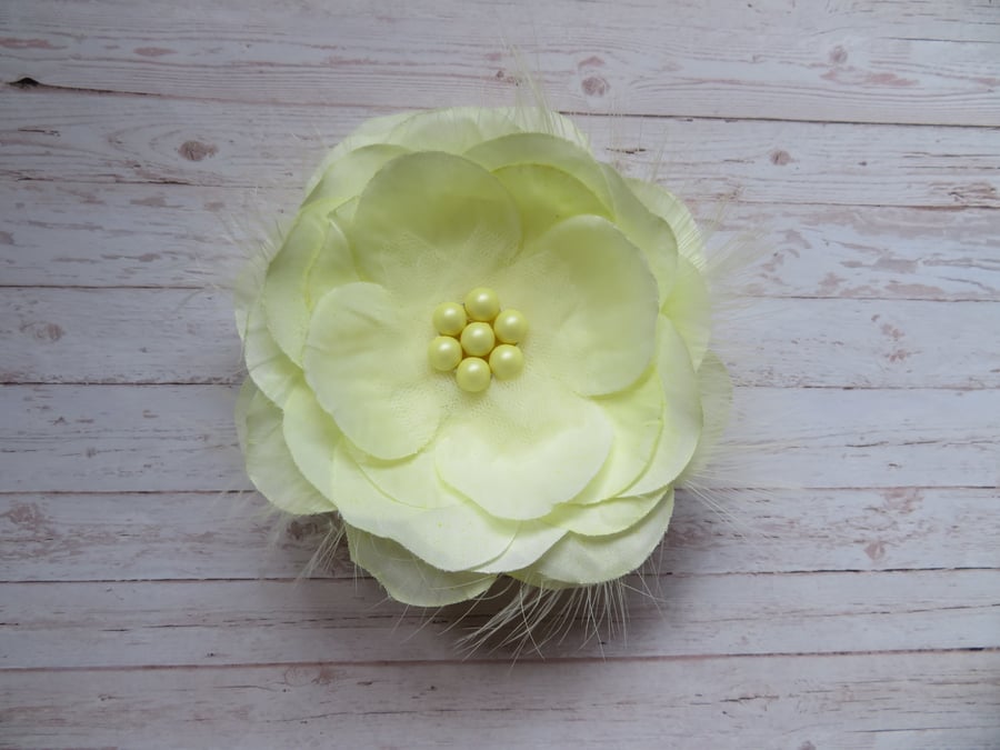 Pale Lemon Yellow Rose Feather Hair Clip Fascinator Retro Rockabilly Wedding