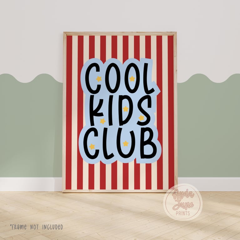 Cool kids club bedroom print, fun nursery toddler wall art, kids playroom decor