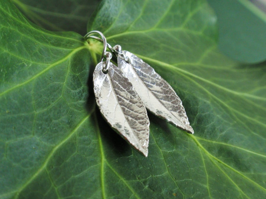 Sterling silver leaf earrings, gift for her - silver garden earrings