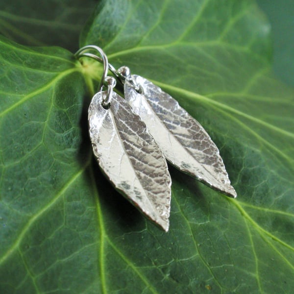 Sterling silver leaf earrings, gift for her - silver garden earrings