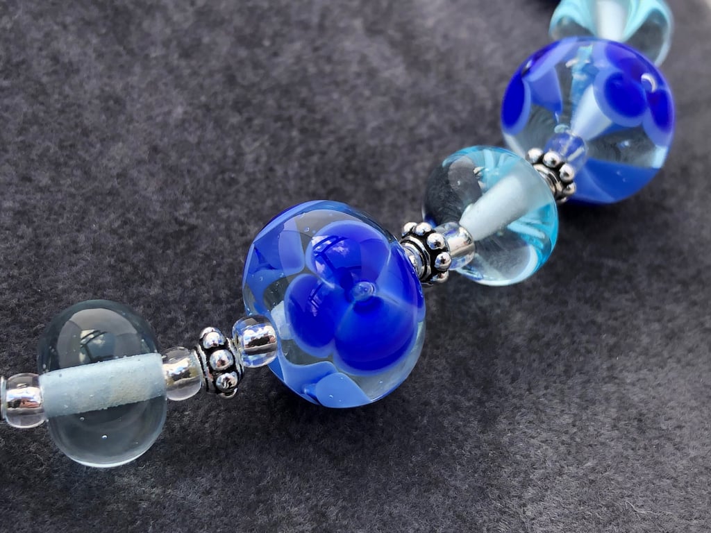 blue flower lampwork glass and Sterling silver beaded necklace and earring set