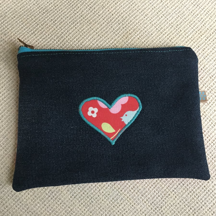 Heart Zip Pouch from recycled denim - valentine