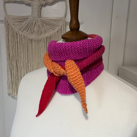 Vibrant Pink, orange and red scarf neckerchief 100cms Handknitted acrylic mix 