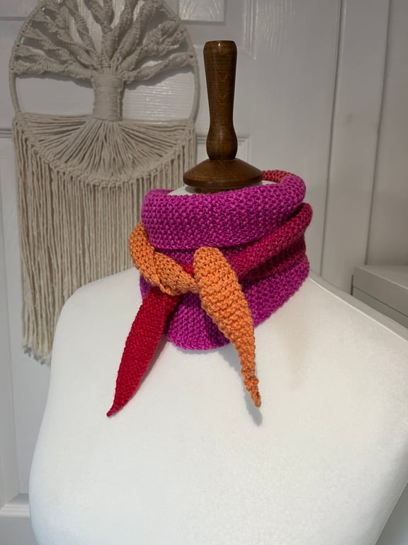 Vibrant Pink, orange and red scarf neckerchief 100cms Handknitted acrylic mix 
